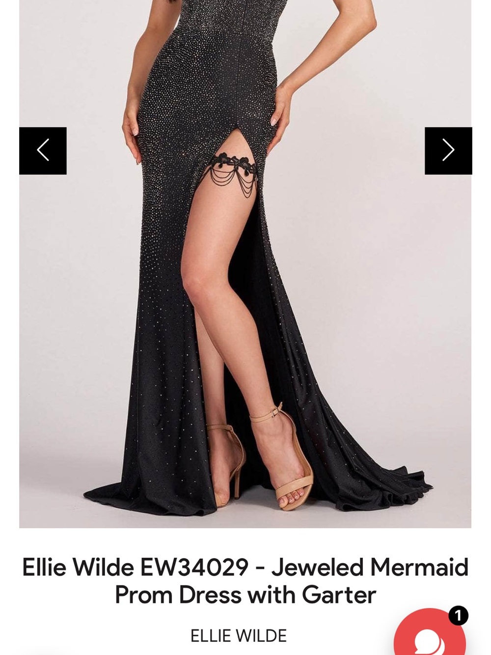 ellie wilde Black Jeweled Mermaid Gown with Decorative Garter NWT